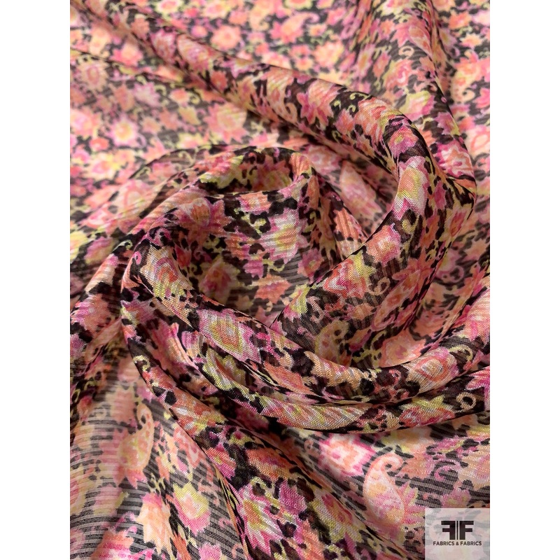 Ditsy Floral Printed and Shadow Striped Silk Chiffon - Shades of Pink / Lime / Black