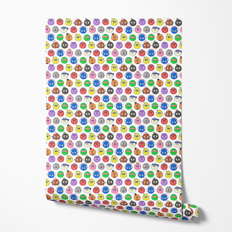 English Tree Colorful Fuzzies Face Pattern on White Wallpaper