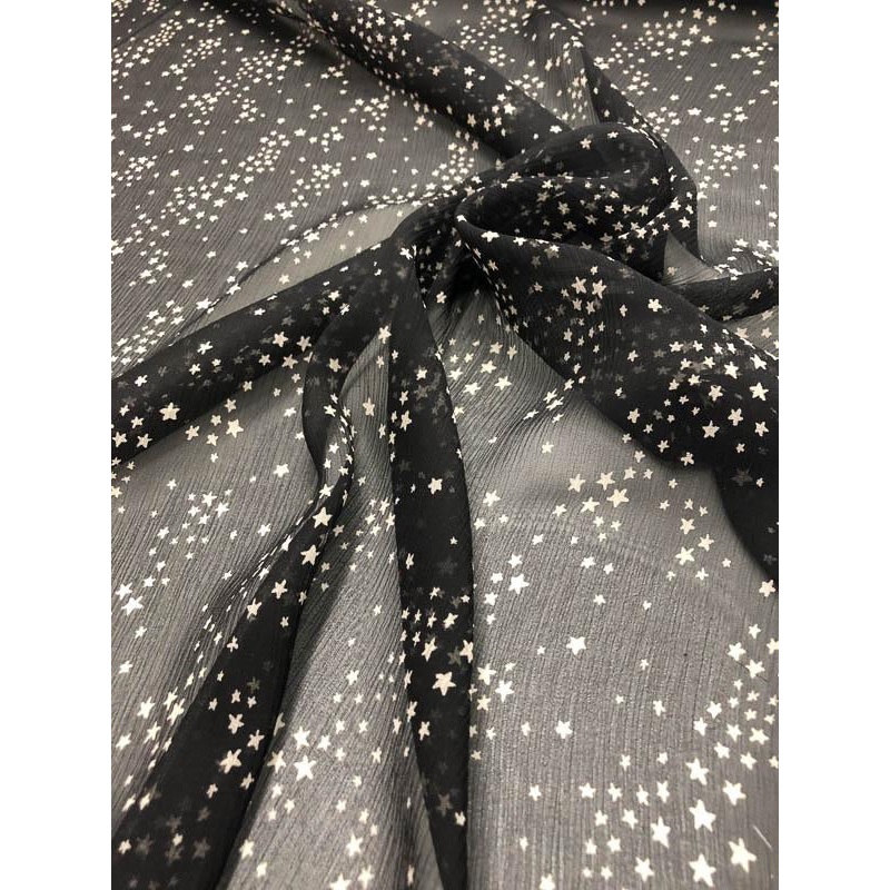 Stars Printed Crinkled Silk Chiffon - Black / Off-White