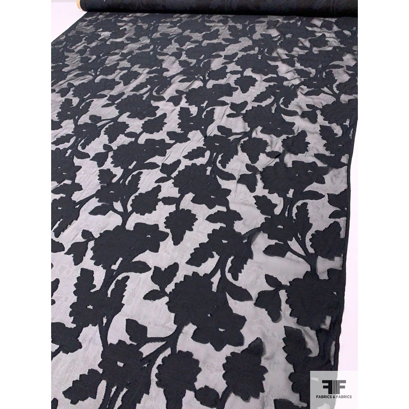 Trailing Floral Burnout Clip Silk Chiffon - Black