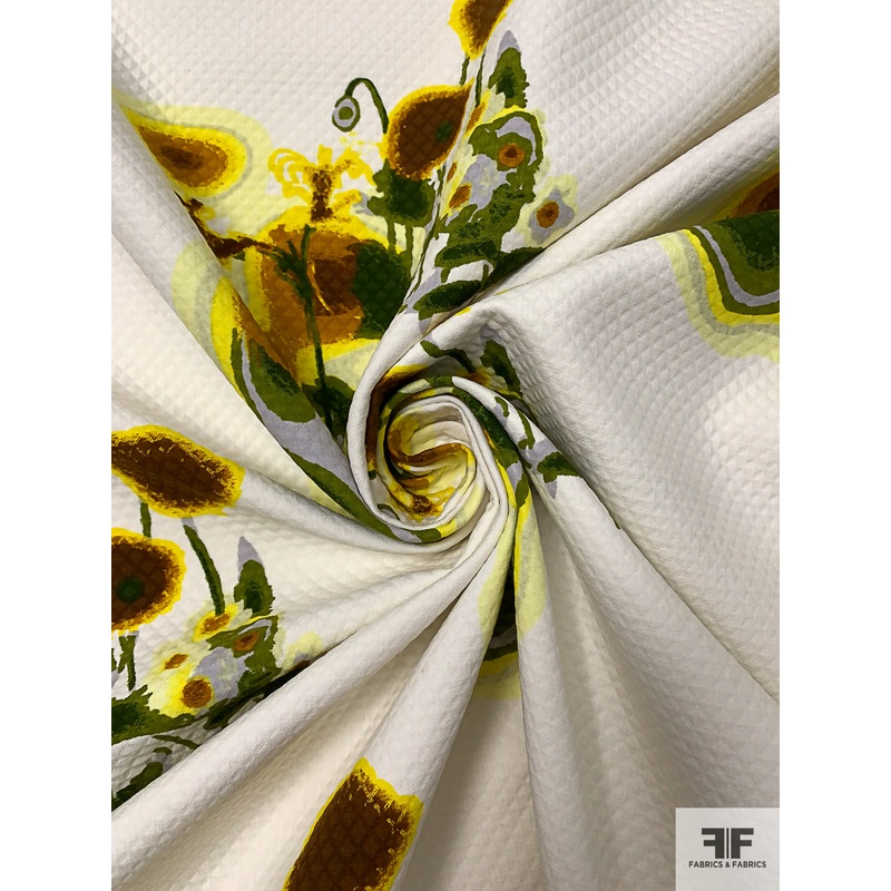 Abstract Floral Printed Diamond Cotton Pique - Yellow / Leaf Green / Brown / Off-White