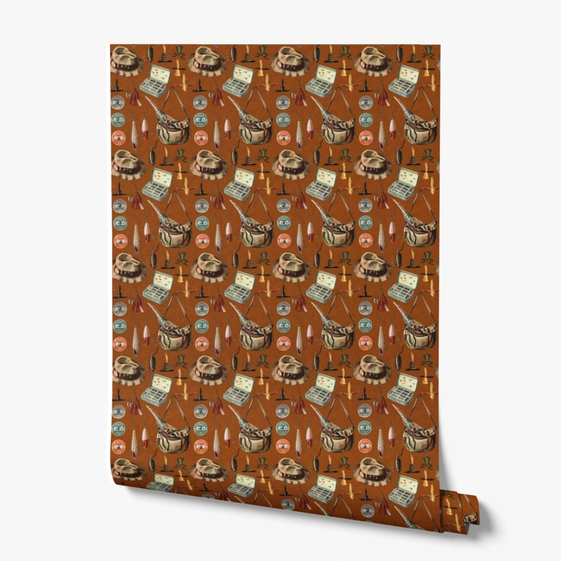 Saturday Evening Post Vintage Fishing Tackle and Gear Terracotta Wallpaper