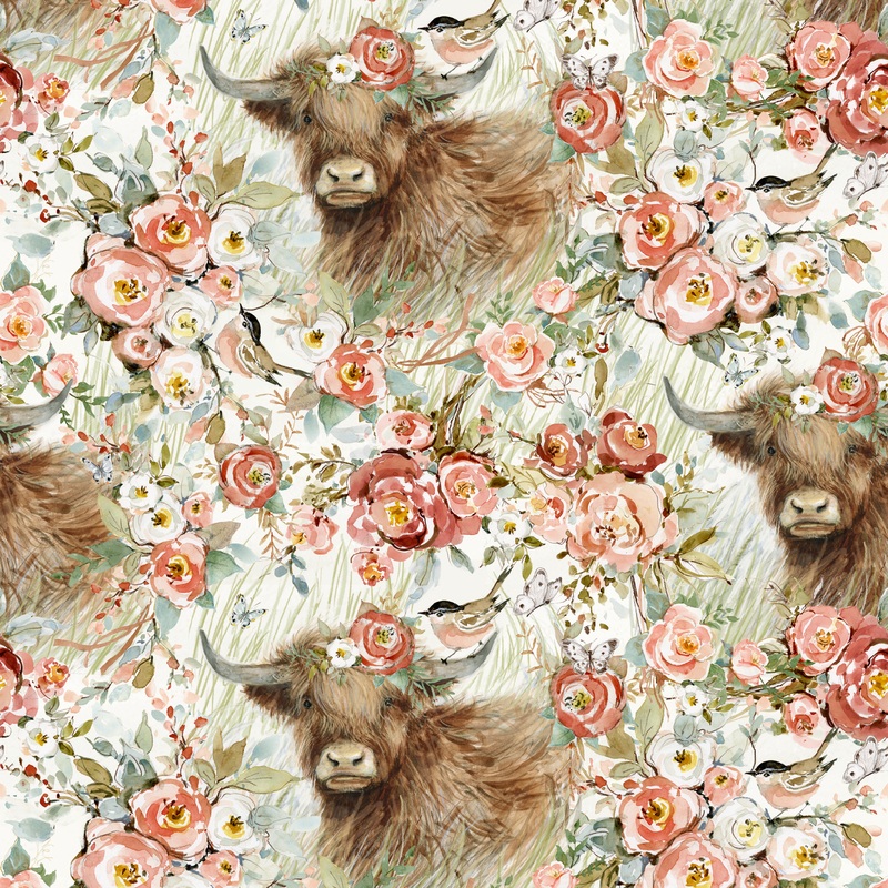 Susan Winget - Highland Bloom - Coral Floral Cattle Fabric