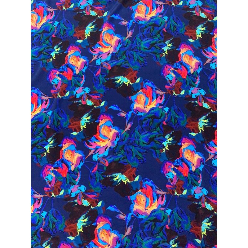Vibrant Floral Printed Silk Crepe de Chine - Blue / Multicolor