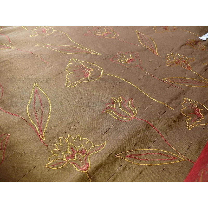 100% Silk Lampas Tulip "brown" Gold Mod Picasso Modern Abstract Flora Thick MSRP USD 300+/Y