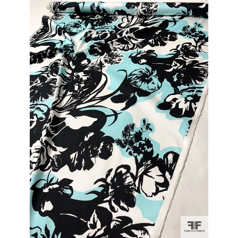 Aquarium Floral Printed Stretch Cotton Sateen - Black / White / Aqua