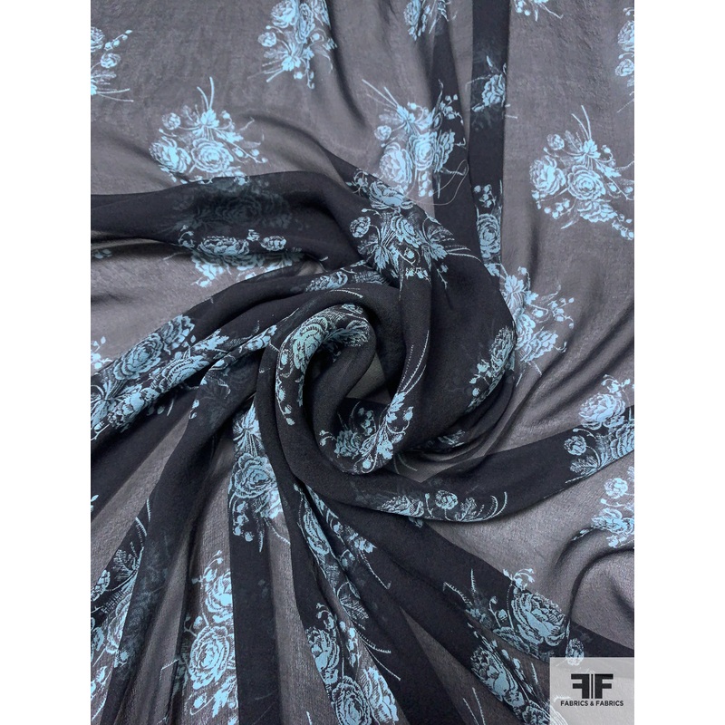 Floral Bouquets Printed Silk Chiffon - Sky Blue / Black
