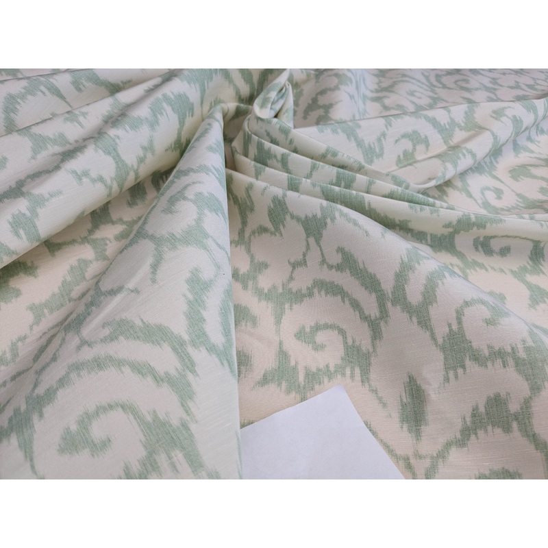 Scalamandre Swirl Seafoam Aqua Blue Green White Scroll Damask Ikat Linen Silk MSRP USD 372/y