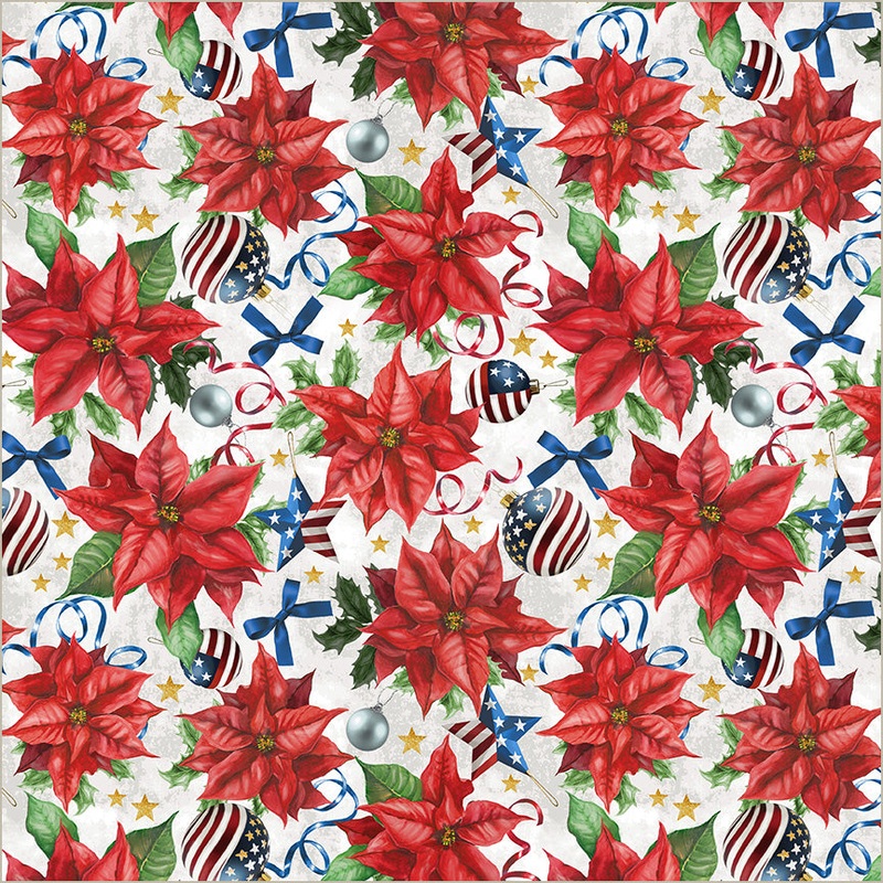 All-American Christmas Whistler Studios 55275-3 White Patriotic Poinsettia Cotton