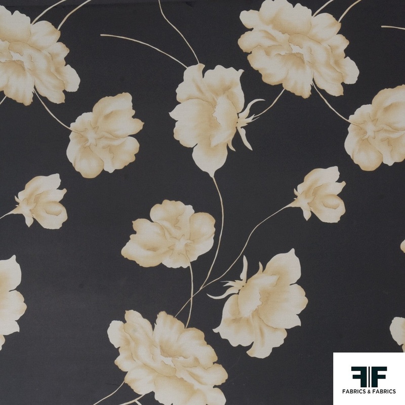 Carnation Floral Printed Silk Chiffon - Black/Cream