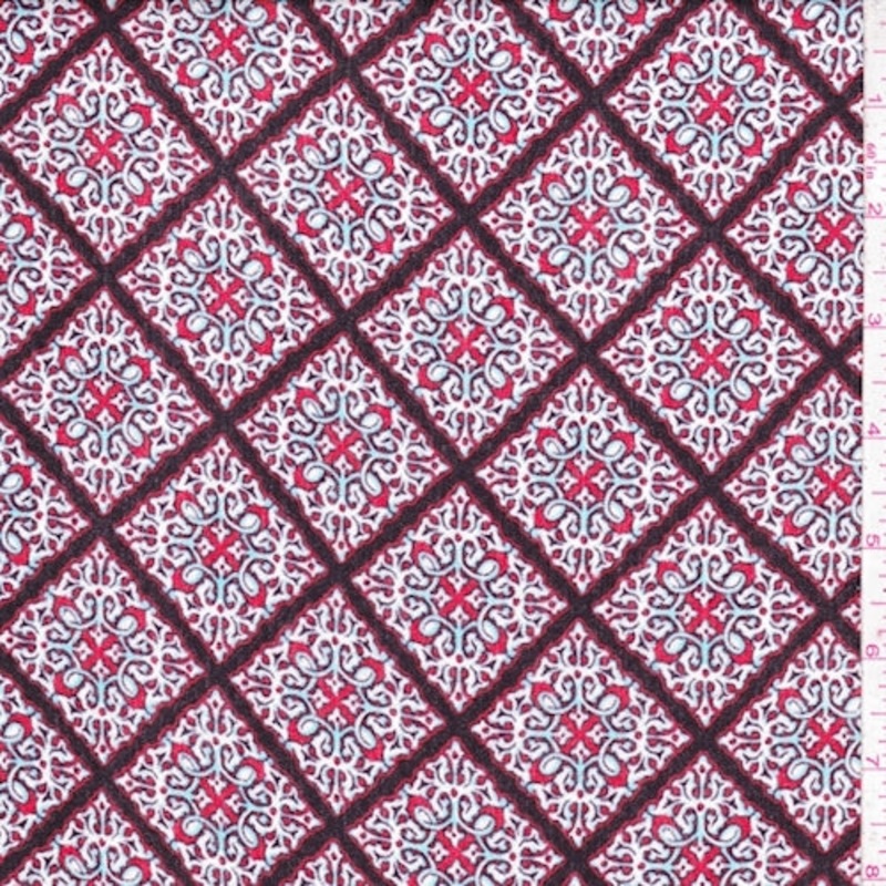 Red/Turquoise Scroll Tile Crepon Fabric