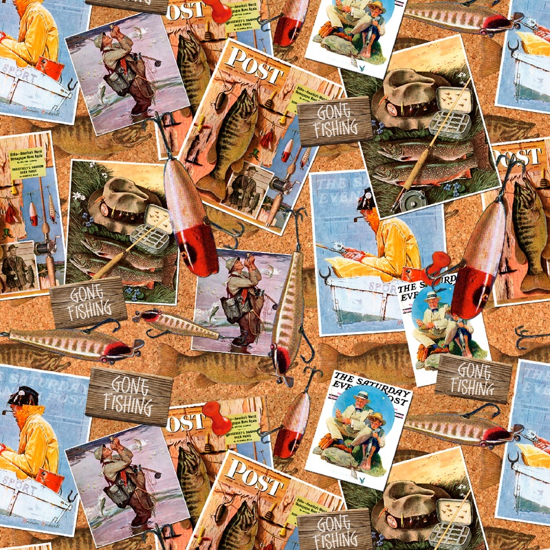 Saturday Evening Post - Angler's Nostalgia - Vintage Fishing Collage Fabric