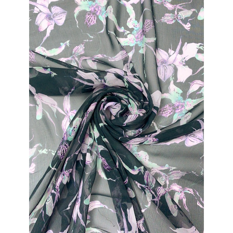 Trailing Floral Vine Printed Crinkled Silk Chiffon - Deep Pine Green / Violet / White