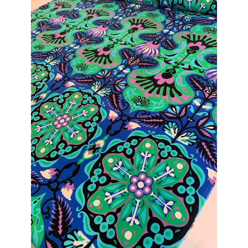 Vibrant Joyful Ecclesiastical Printed Silk Charmeuse - Green / Blue / Black / Lavender