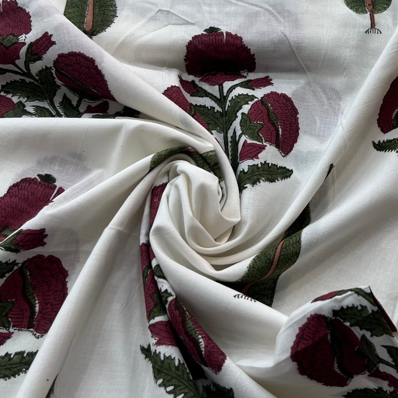 White Sangeneri Hand Block Cotton Printed