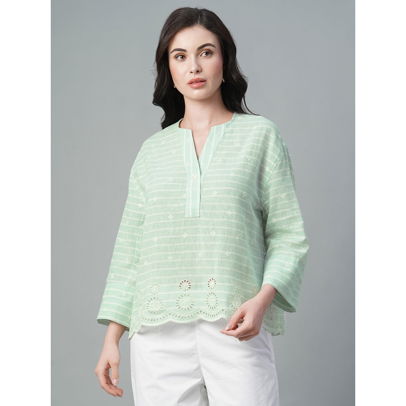 Women's Mint Cotton Flax Boxy Fit Blouse MINT