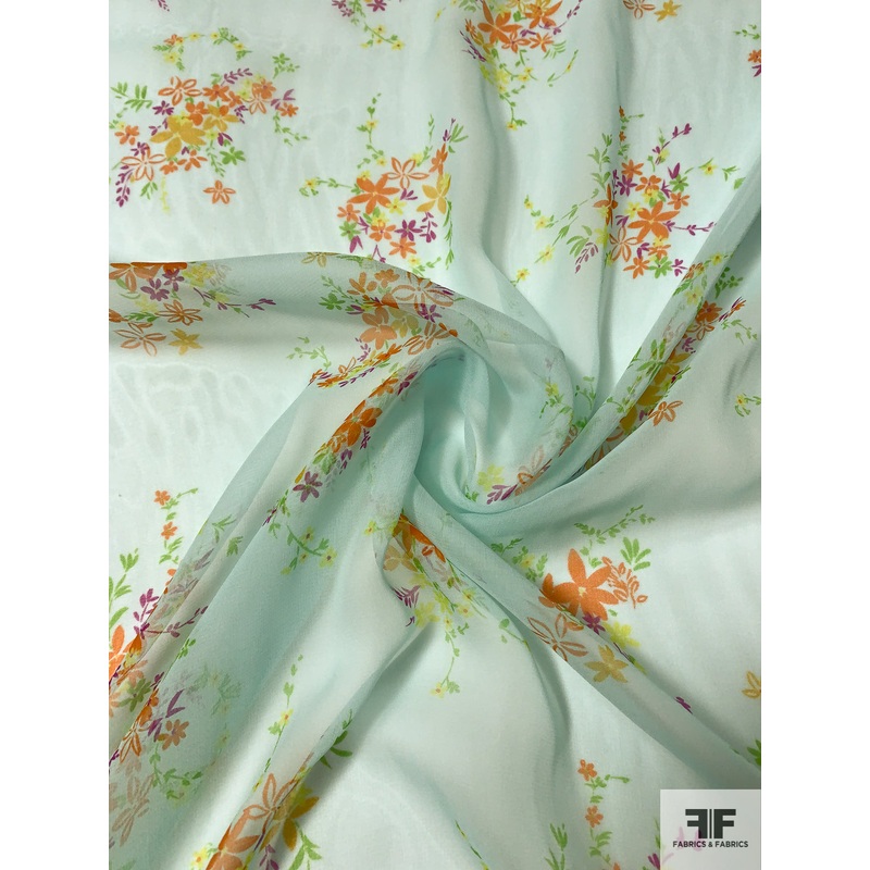Dainty Floral Bouquets Printed Silk Chiffon - Celeste / Orange / Violet / Green