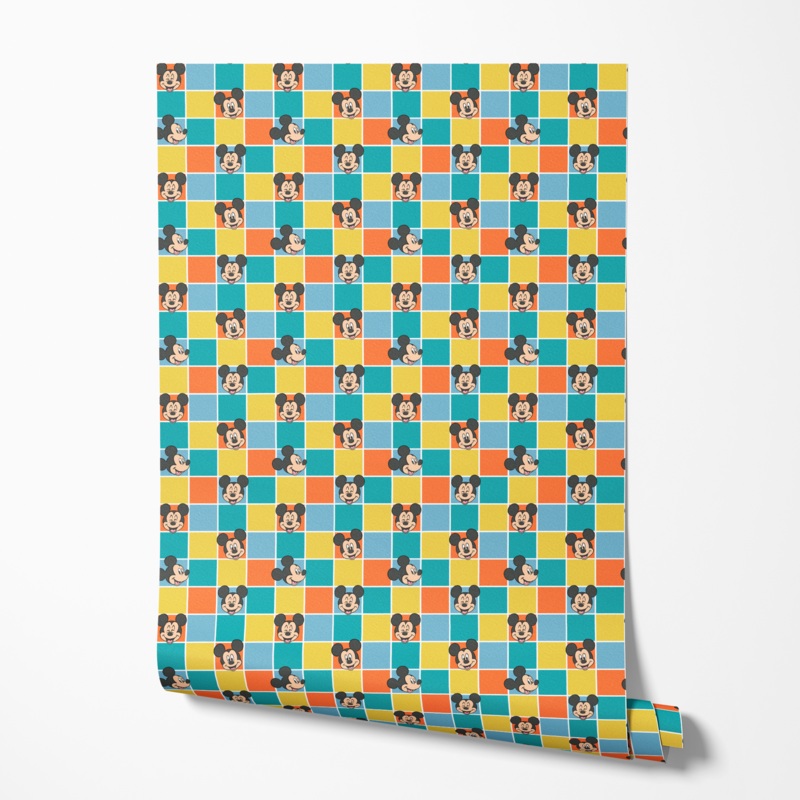 Disney Mickey Mouse Colorful Retro Grid Pattern Wallpaper