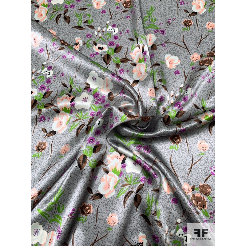 Elegant Floral Printed Silk Charmeuse - Grey / Green / Brown / Purple