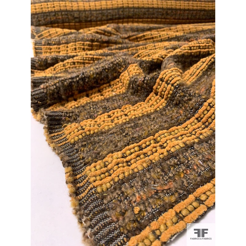 French Wool Blend Chenille Boucle Novelty Suiting - Turmeric / Brown / Tan