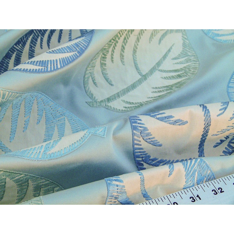 Scalamandre Palmer Aqua Applique And Embroidery Leaves Pattern Blue by Hinson MSRP USD 367/y