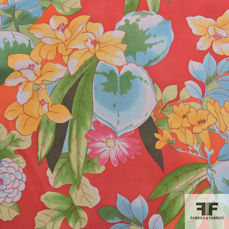 Tropical Floral Printed Silk Chiffon - Red/Multicolor