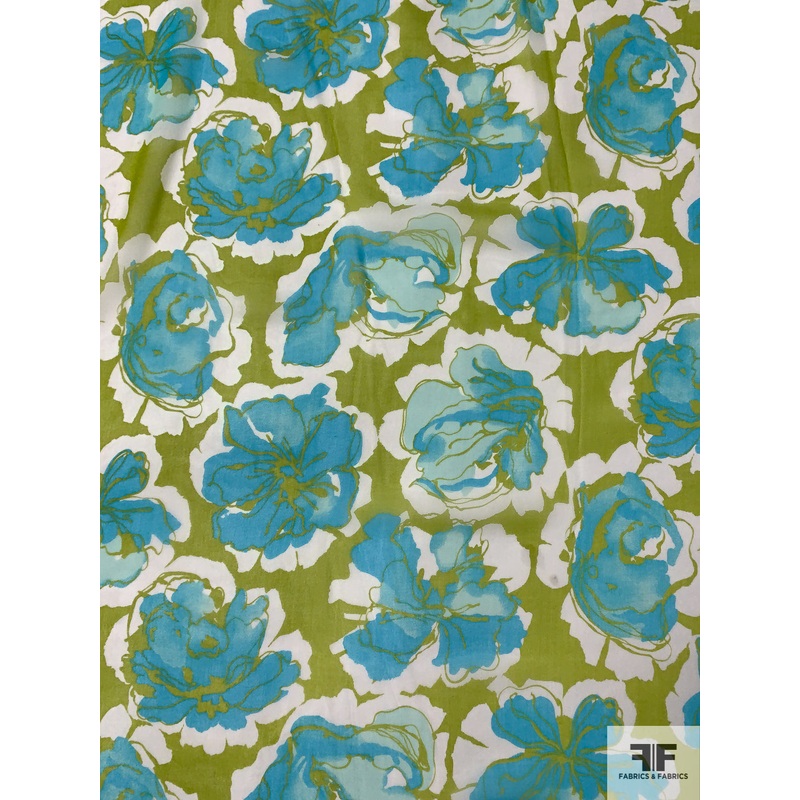 Watercolor Floral Printed Silk Chiffon - Turquoise / Lime Green / Off-White