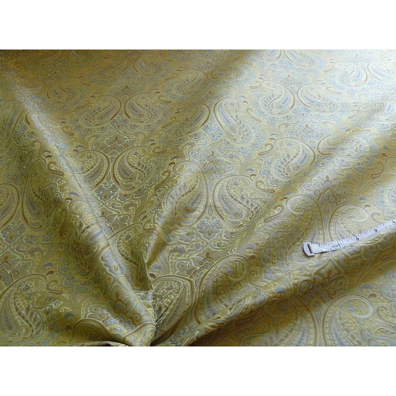 100% Silk Lampas Small Jewelled Paisley "celadon" Blue Brown Beige Gold