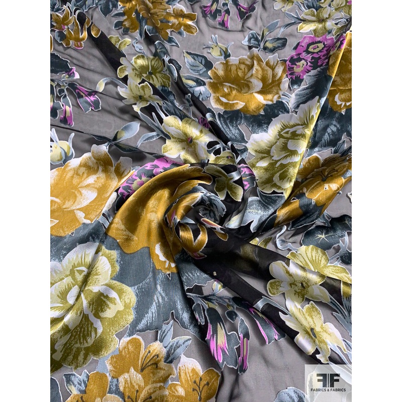 Floral Bouquets Burnout Silk Chiffon - Ochre / Dusty Teal / Orchid Pink / Black