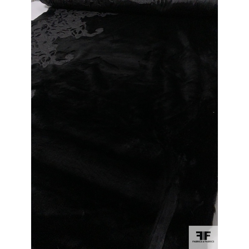 Novelty Faux Fur with Regal Border Pattern Cutout Embroidery - Black