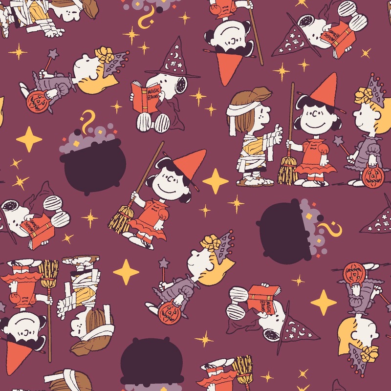 Peanuts Halloween Witch Fun on Purple Fabric