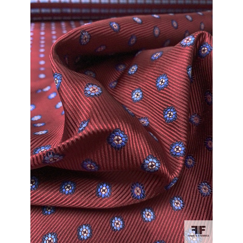 Small Floral Grid Silk Necktie Jacquard Brocade - Maroon / Navy / Periwinkle