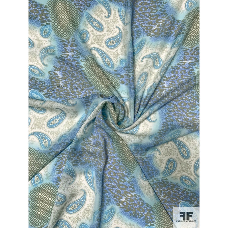 Soothing Paisley and Animal Pattern Printed Silk Georgette - Sky Blue / Dark Ecru / Off-White