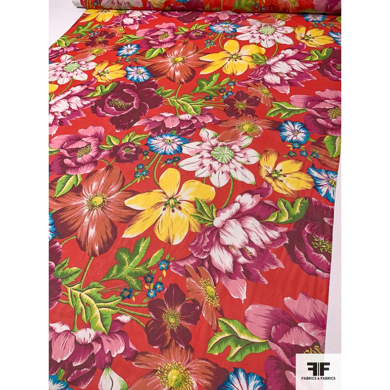 Vibrant Tropical Floral Printed Silk Chiffon - Red / Multicolor