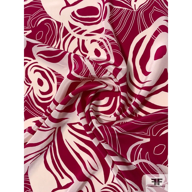 Abstract Circle Lines Printed Silk Crepe de Chine - Deep Magenta / Ivory