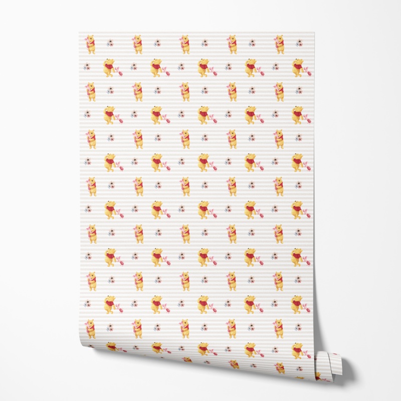 Disney Winnie the Pooh & Piglet Striped Floral Pattern Wallpaper