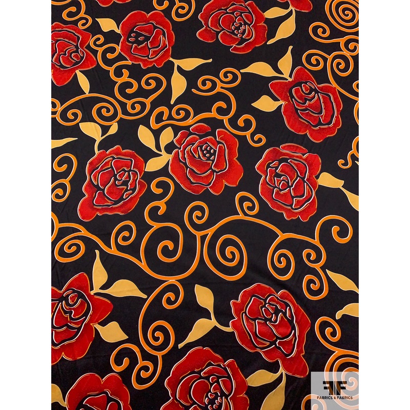 Floral and Swirl Vine Printed Silk Charmeuse - Orange / Red / Black