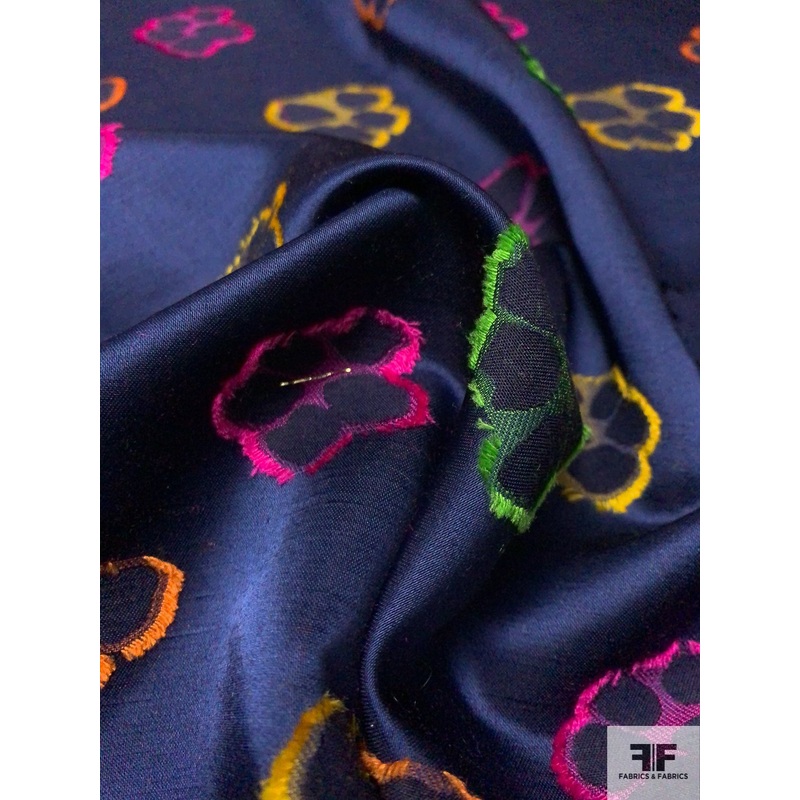 Reversible Floral Fil Coup Rayon Poly Blend Suiting - Navy / Yellow / Orange / Magenta / Green