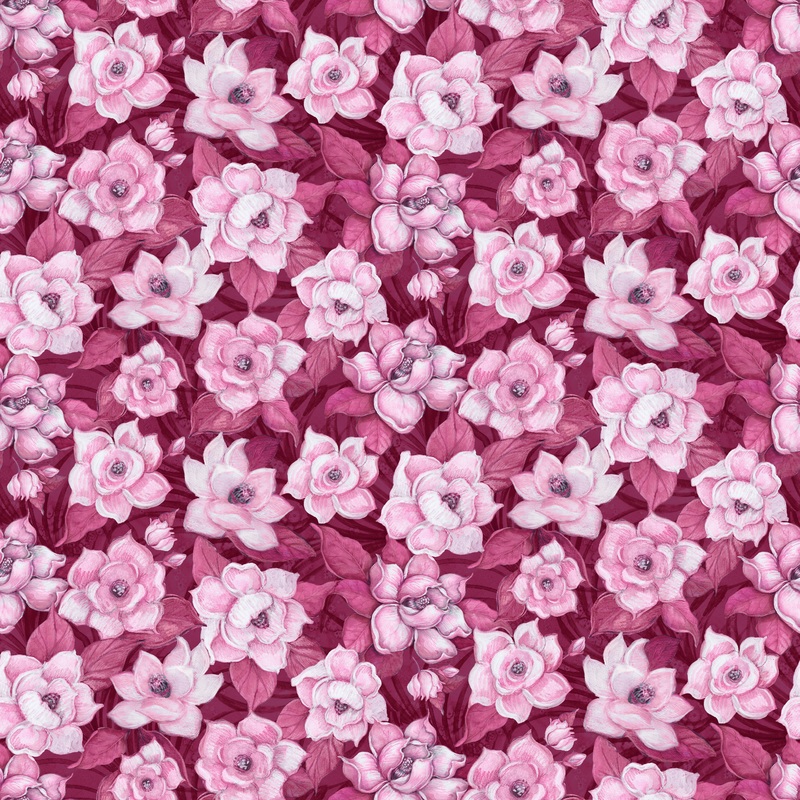 Susan Winget Garden Magnolias on Pink Fabric