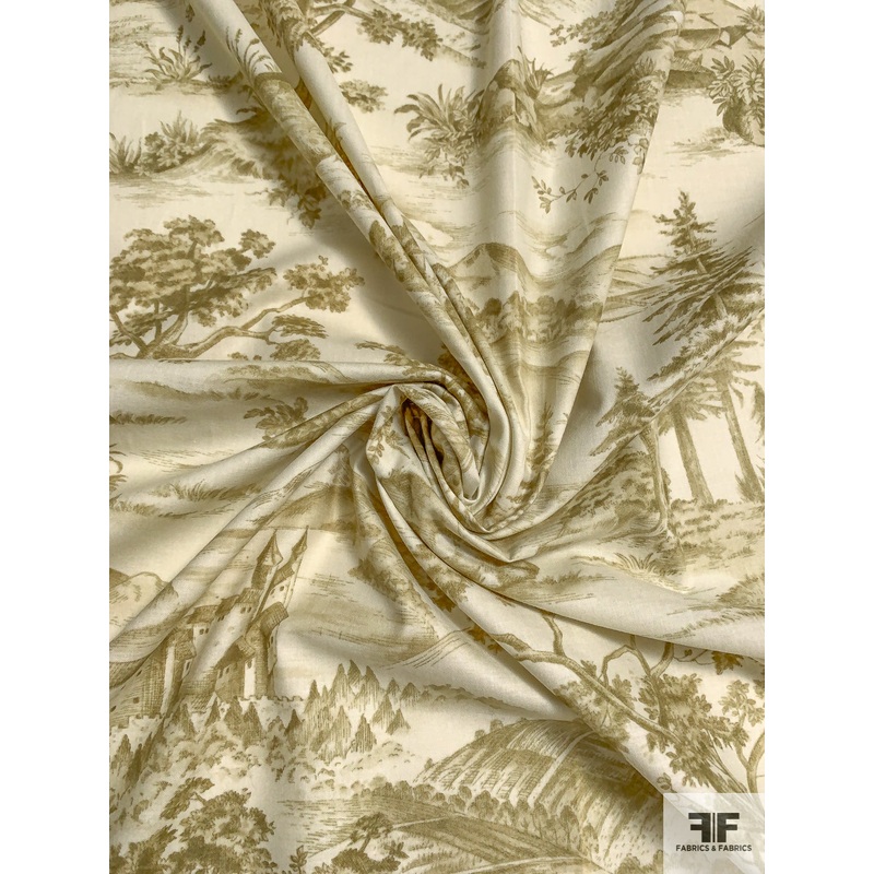 Toile Printed Cotton Lawn - Earthy Olive / Natural