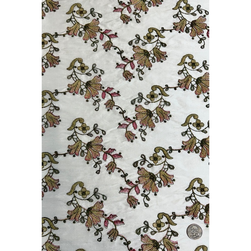 White/Multicolor Embroidered Dupioni Silk MED-206