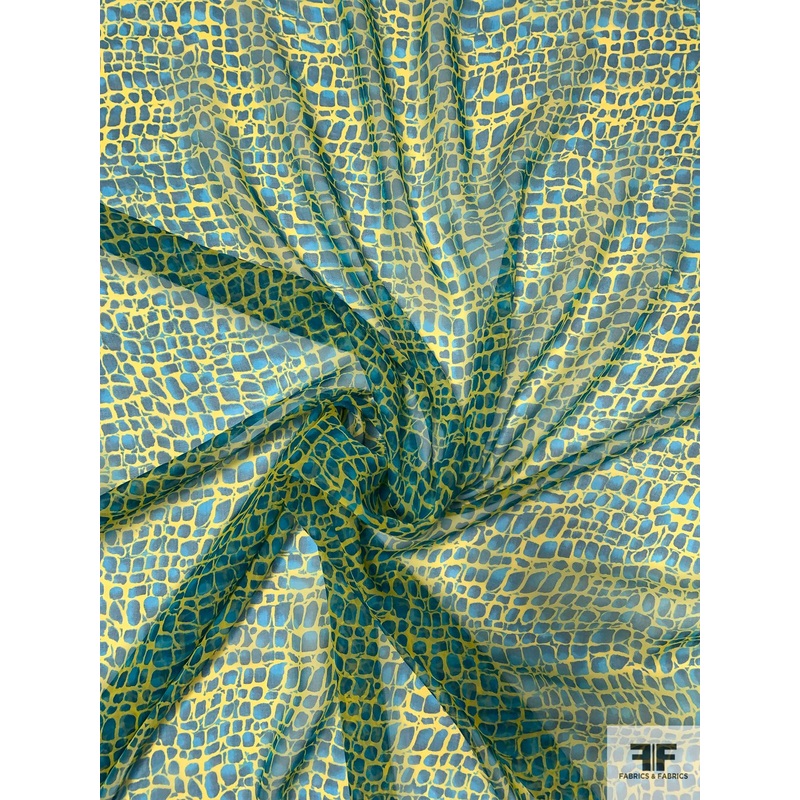 Animal-Like Pattern Printed Silk Chiffon - Bold Yellow / Shades of Blue