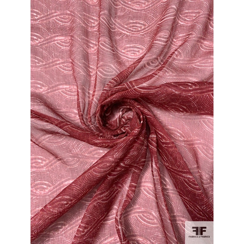 Art Deco Wavy Striations Printed Silk Chiffon - Maroon / Off-White