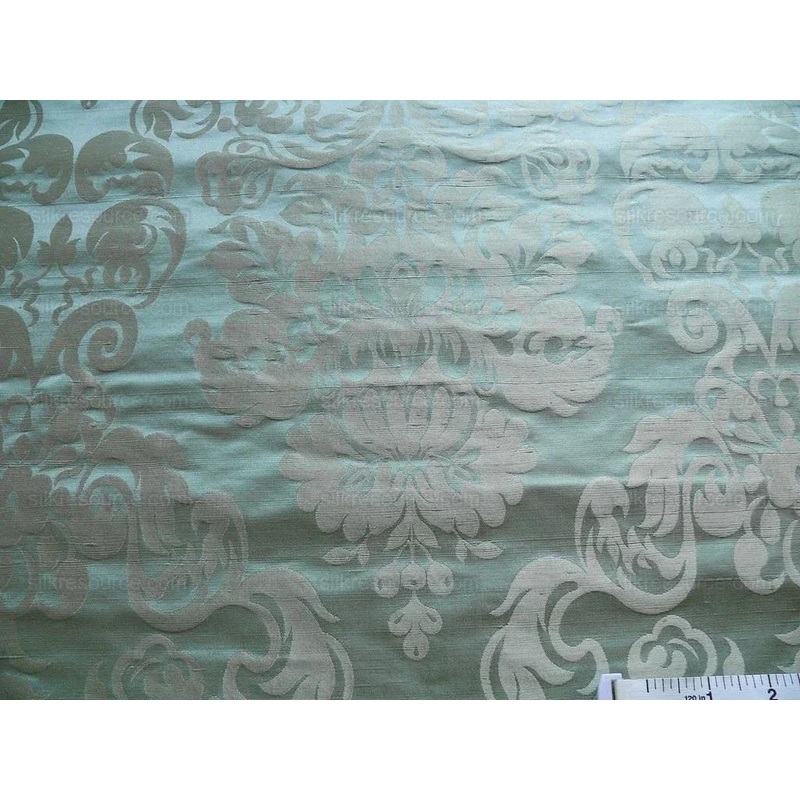 By Yard High End 100% Silk Damask Raw Texture Floral "bijou Blue" Green Blue