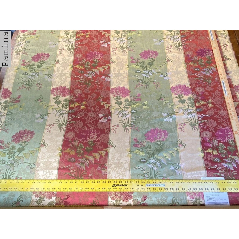 Scalamandre Pamina Beige Green Wine Red 19th C Carnation Floral Lampas Stripe Lace MSRP USD 352/y