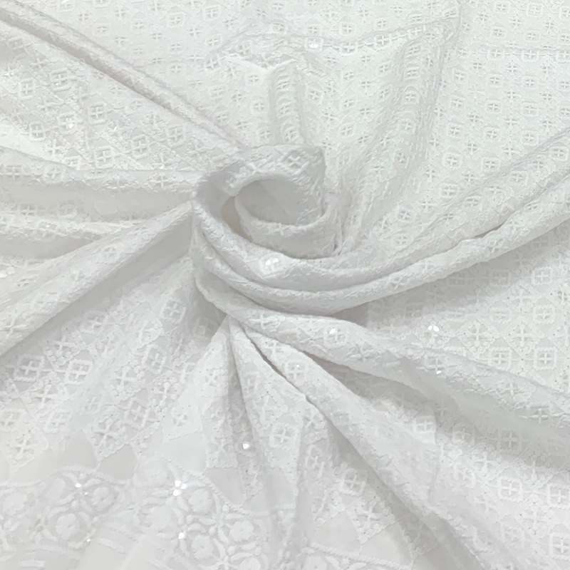 White Rayon Cotton Sequins Thread Embroidery