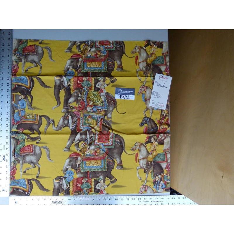 13 Ev11 Scalamandre Showroom Sample Square Dara Saffron Yellow Blue Red Elephant Cotton Print