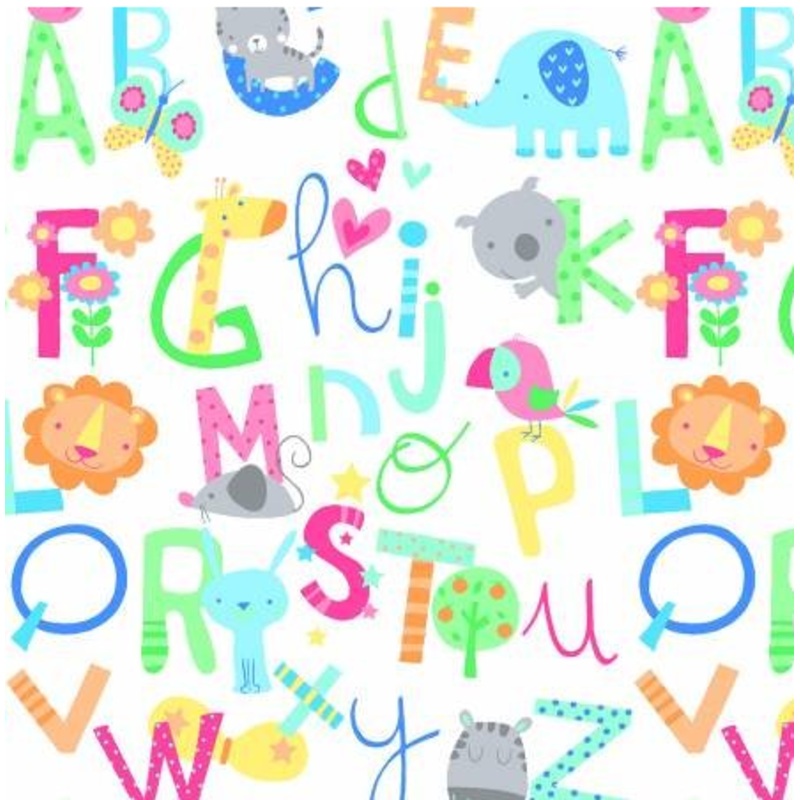 44" - Flannel - "Alphabet and Animals" - White - 100% Cotton