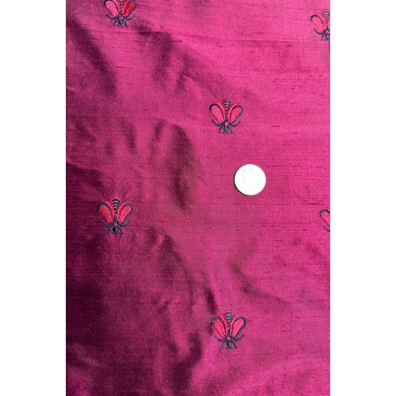 Butterfly Embroidery on Wine Shantung Embroidered Dupioni Silk