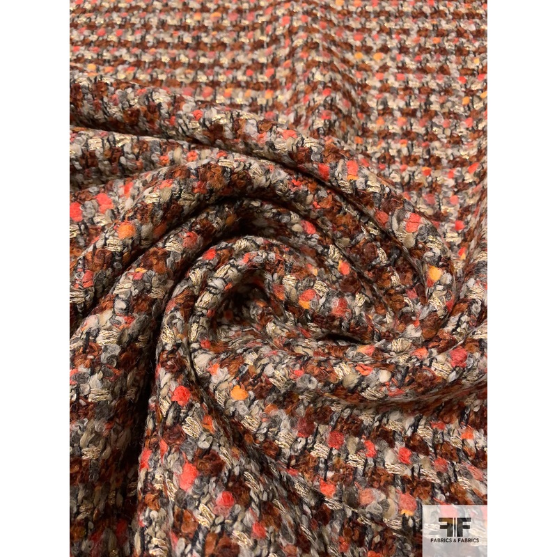 Italian Wool Blend Flattened Boucle Jacket Weight Tweed with Gold Lurex Yarn - Shades of Orange / Tan / Lurex Gold